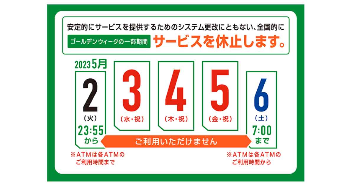 ゆうちょ銀行、連休中はATM・ゆうちょPay休止